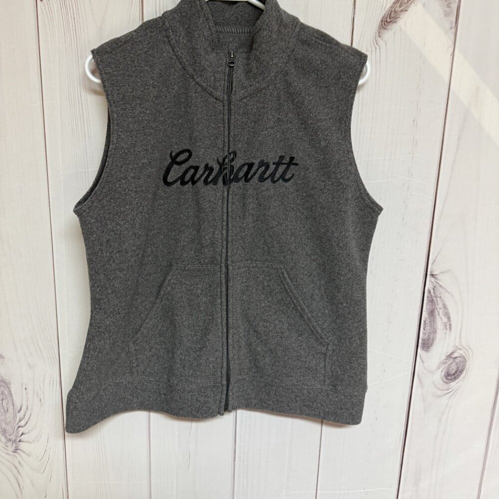 Carhartt Womens Boyne Fleece Vest L Gray Script Logo Full Zip EUC